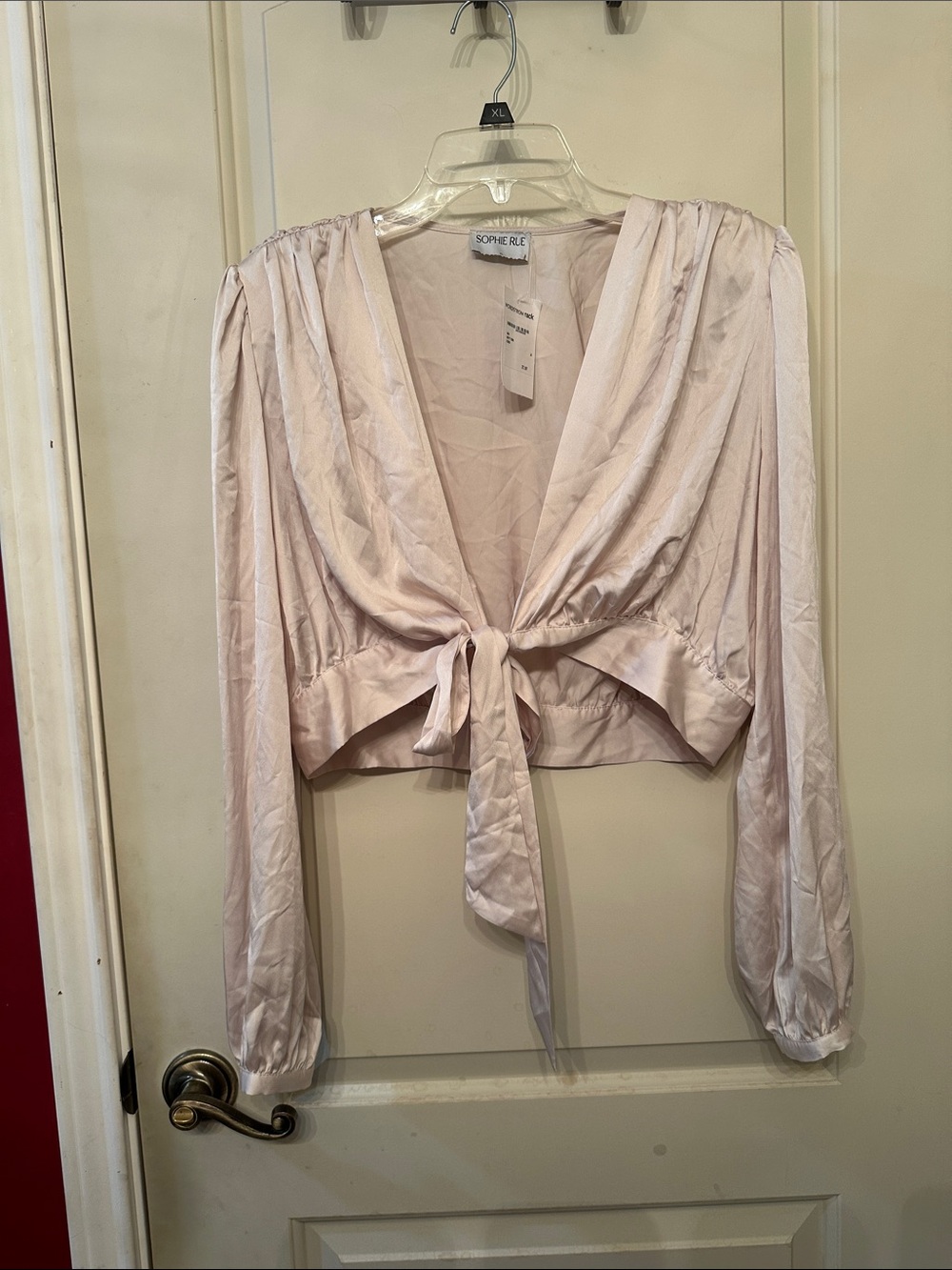 Sophie Rue Light Blush Satin Tie-Front Long Sleeve Crop Top